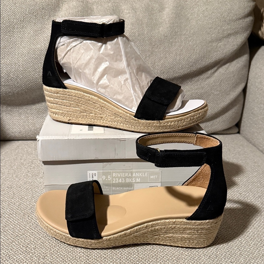 Abeo New Riviera Ankle 9.5 Black Wedge Sandals - Picture 1 of 7